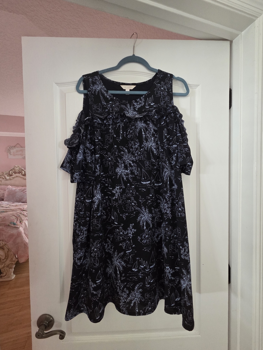 LC Lauren Conrad Black and Light Blue Cold-Shoulder Knee Length Dress